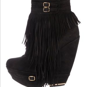 Nicholas Kirkwood Aubergine Fringe Platform Wedge Ankle Bootie